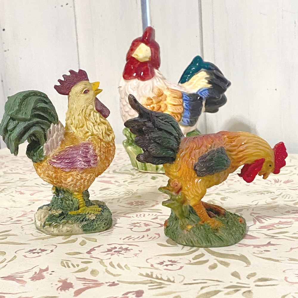 Rooster Bundle Alco Ceramic Small Utensil Holder 2 Resin Rooster Figurines VTG
